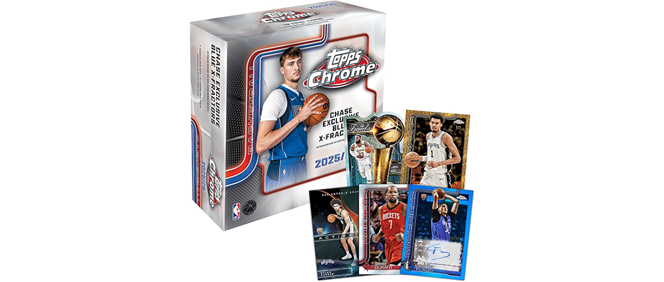 2025-26-topps-basketball-chrome-hobbybox-with-cards A photo of 2025-26 Topps Basketball Chrome hobby box with cards displayed