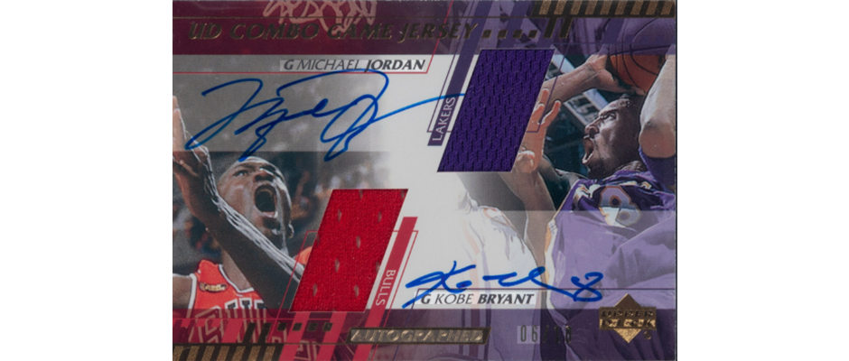 autograph-basketball-card-collection-of-mj-kobe A basketball card featuring an autograph of Michael Jordan and Kobe Bryant
