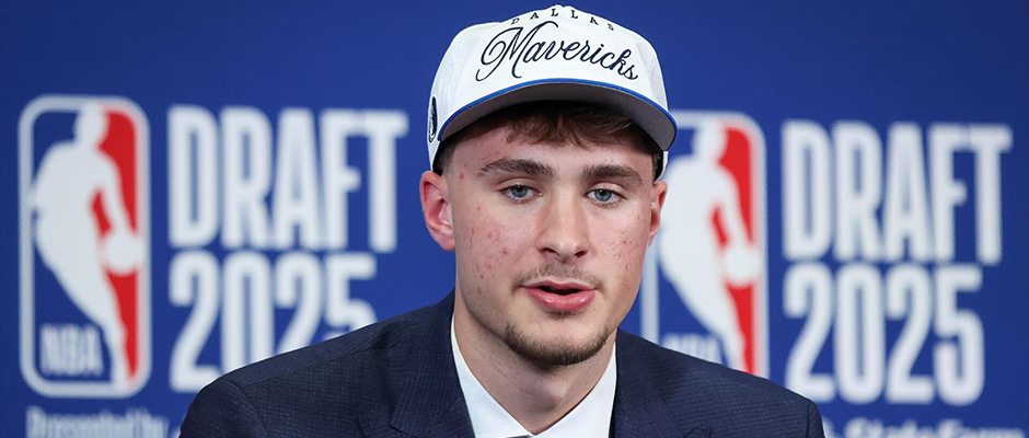 A picture of Cooper Flagg being interviewed on his draft night in 2025