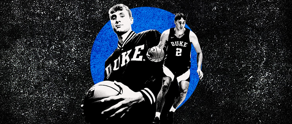 A black and blue artwork of Cooper Flagg wearing his Duke uniform