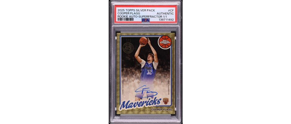 A photo of Cooper Flagg's superfractor 1/1 rookie card autographed