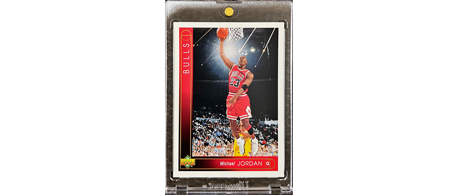 michael-jordan-basketball-card-in-a-one-touch-for-protection An 92-93 Upper Deck Michael Jordan basketball card in a one touch for storage and protection