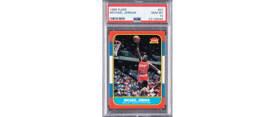 michael-jordan-rookie-card-fleer-card-psa-10 A photo of a Michael Jordan basketball card which is a 1986 Fleer Michael Jordan Rookie Card graded a PSA 10
