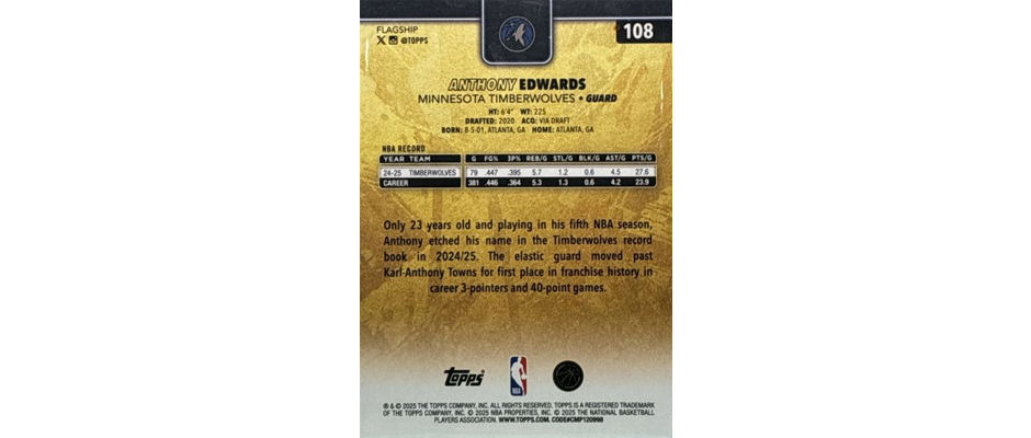 anthony-edwards-golden-mirror-variation-ssp-2025-26-topps The back of a golden mirror variation card of Anthony Edwards from the 2025-26 Topps basketball