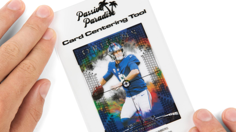 A photo of a centering card grading tool used to pre-grade cards at home