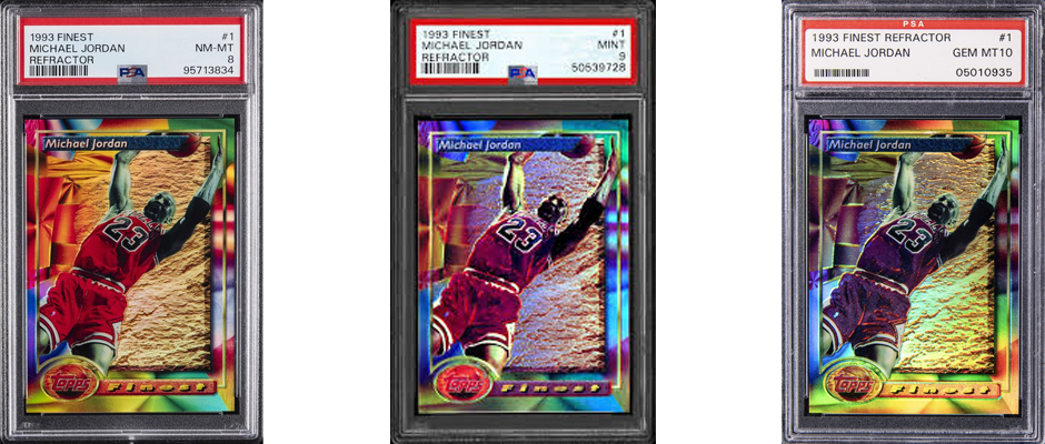 pre-grade-cards-at-home-psa-grading-comparison An example of outcomes if you pre-grade cards at home with PSA differences of Michael Jordan graded cards