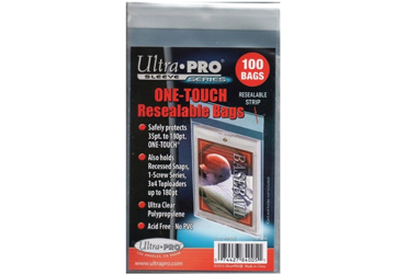 ultra-pro-one-touch-resealable-bags-100-pack A pack of Ultra Pro one-touch resealable team bags for card storage and protection
