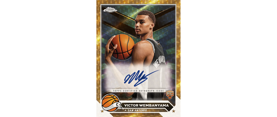 A picture of a Victor Wembanyama Topps Chrome Autograph Card showcasing different types of basketball cards