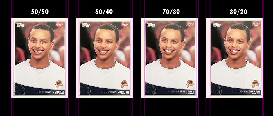 why-centering-is-crucial-for-high-value-card-grades-example An example of different types of centering on sports cards for grading