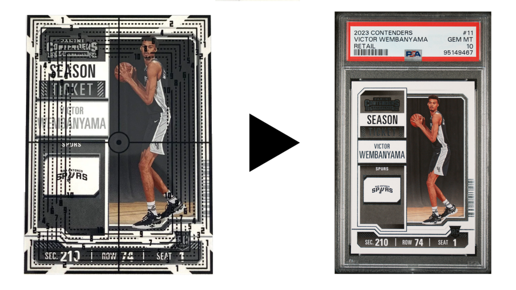 A photo of a wemby rookie card using a centering tool to showcase why centering Is crucial for high-value card grades